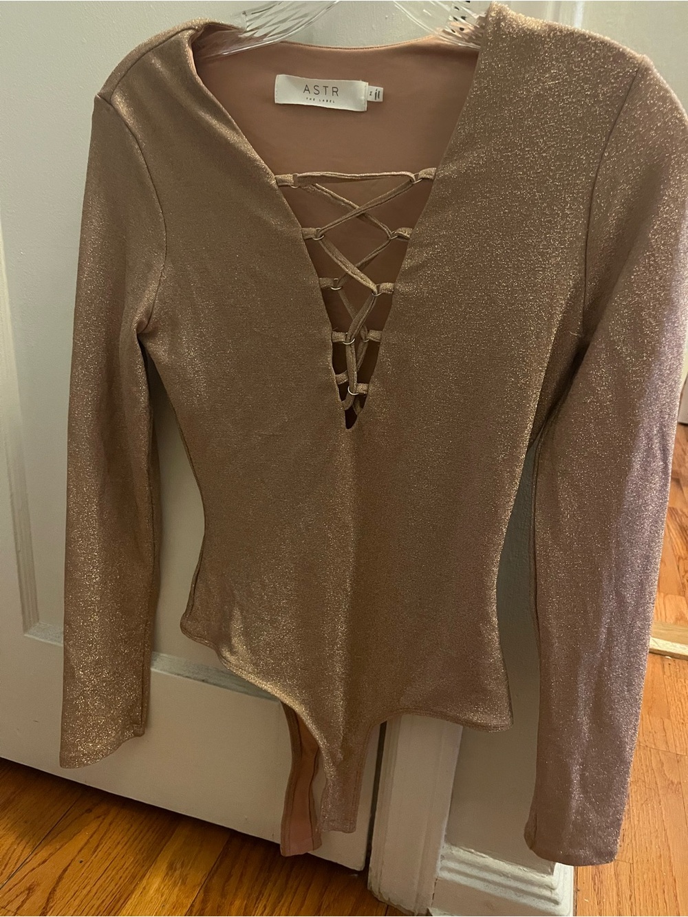 Brand New ASTR The Label Shimmery Lace-Up Long Sleeve Bodysuit
